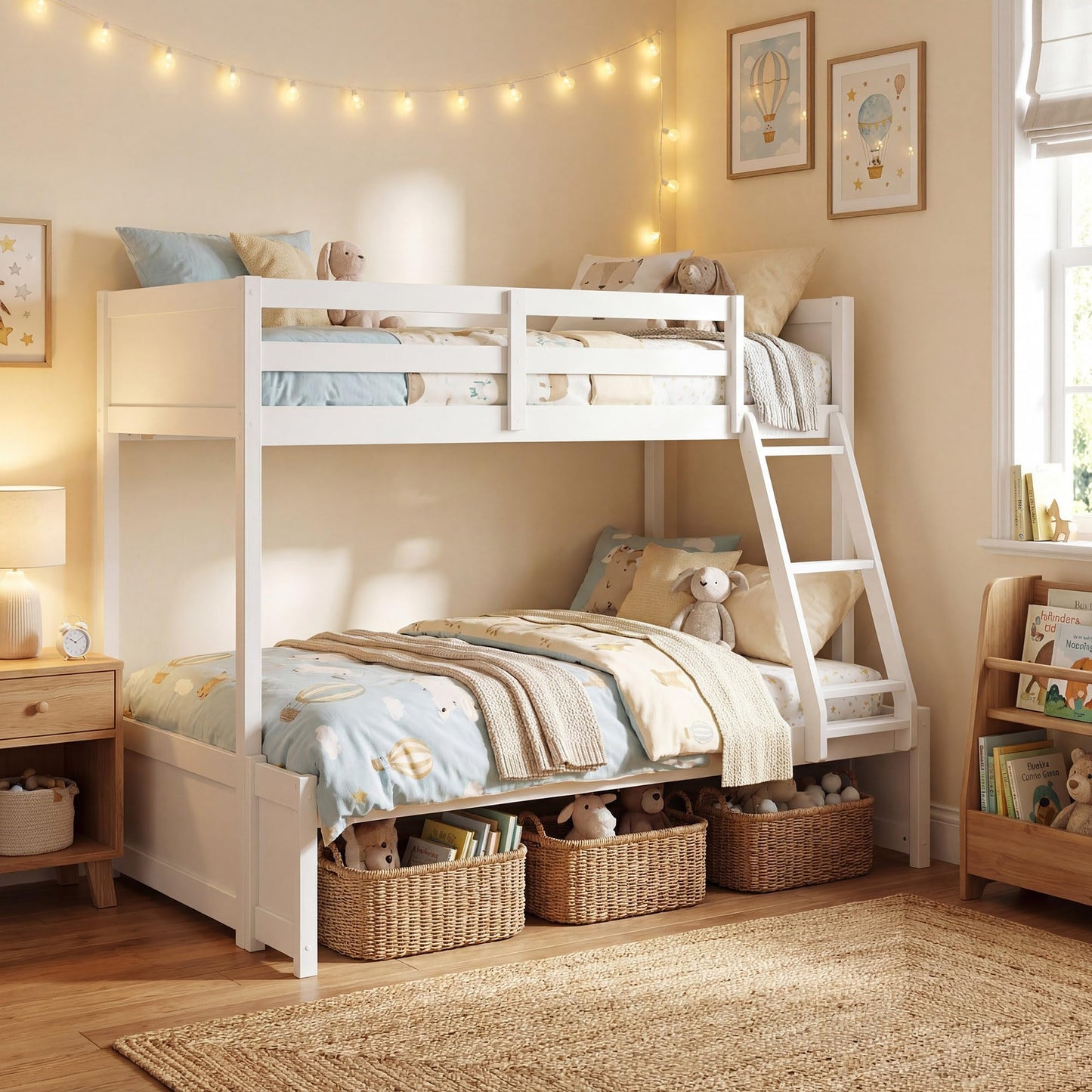KOMFOTT Twin Over Full Bunk Bed, Pine Bed Frame with 3-Step Ladder, Full-Length Guardrails & 21 Wooden Support Slats, Solid Wood Bunk Bed for Teens, Kids, Adults, Dorms and Apartments (White)