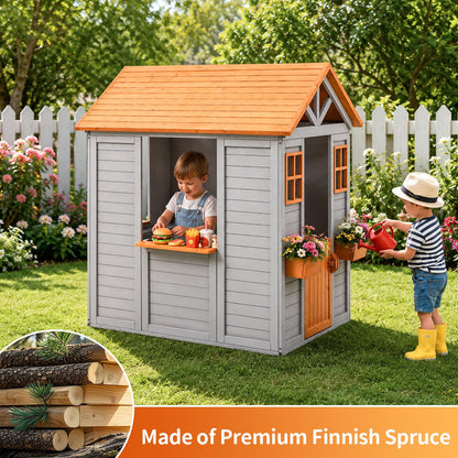 KizzParnrr Wooden Kids Playhouse with Play Kitchen, Half Door Windows, Flowerpot Holders, Toys PlaySet for Backyard Play (Brown and Grey)