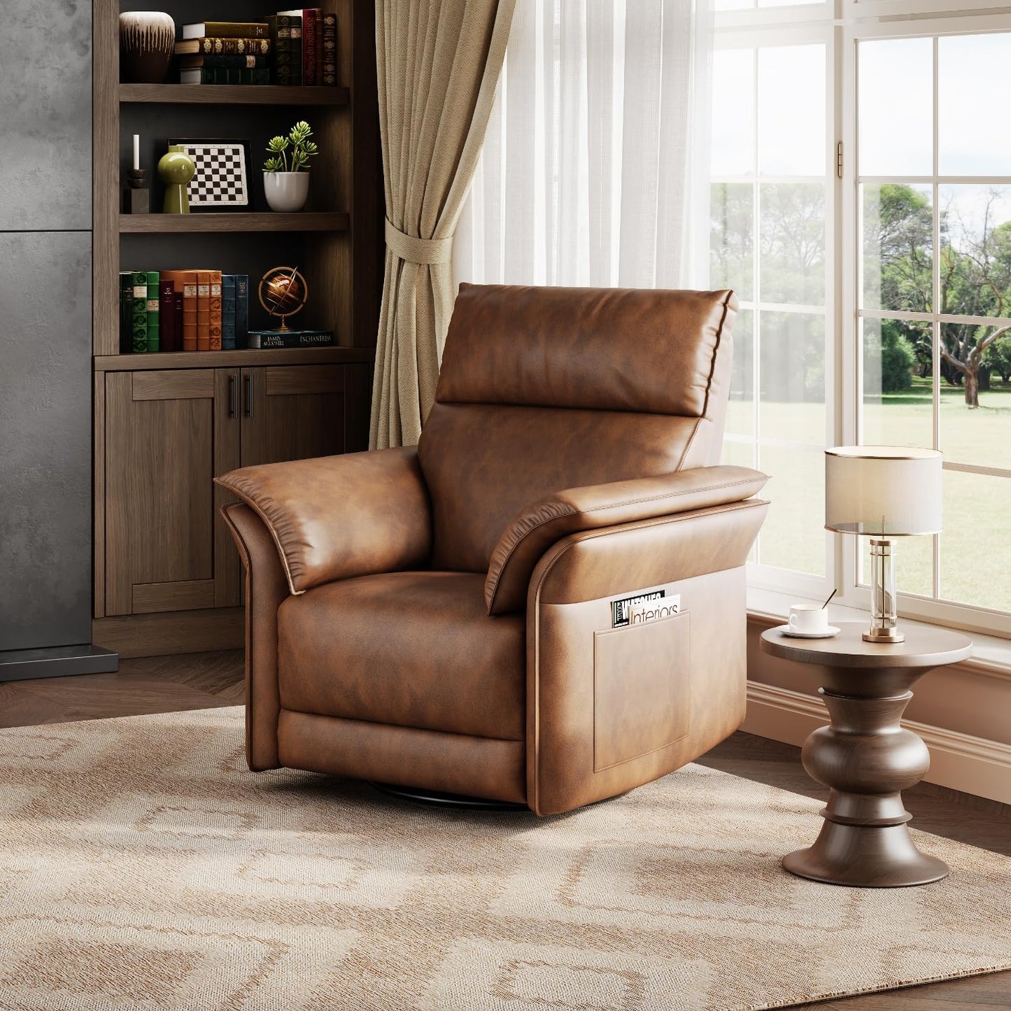 GAOMON Swivel Rocking Recliner Chair, Manual Leather Recliner Glider with Lumbar Support & Padded Armrest, Comfortable Rocker Nursery Single Sofa for Living Room and Bedroom (Walnut)