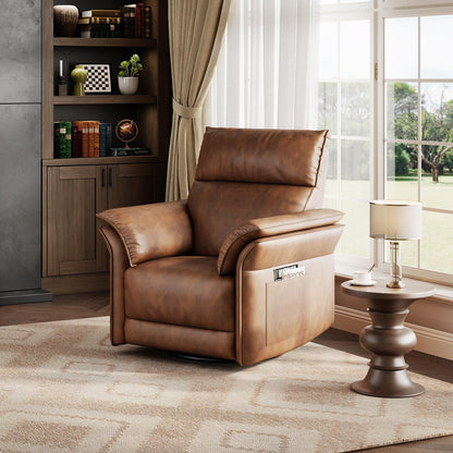 GarveeHome Power Recliner Chair, 270 °Swivel Rocking Glider with USB Charging Port, PU Leather Upholstered Fabric and Double-Layer Armrests, Nursery Chair for Living Room, Nursery (Wanult)