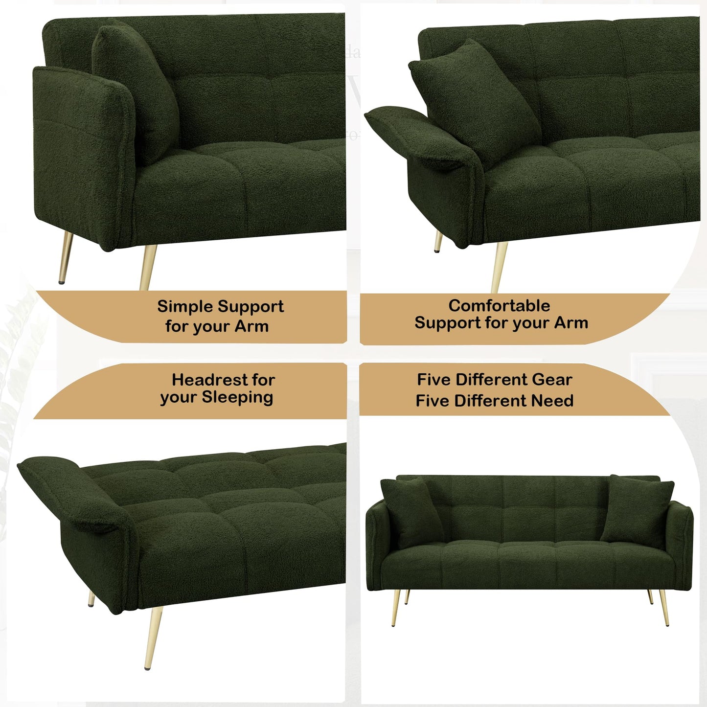 KEIKI Upholstered Loveseat Sofa, 70" Convertible Futon Sofa Bed with Adjustable Arms and Backrest, Removable Pillow Cover, Comfy Cushion, Teddy Fleece Love Seat Couches for Bedroom, Apartment, Green
