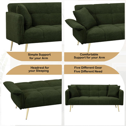 KEIKI Upholstered Loveseat Sofa, 70" Convertible Futon Sofa Bed with Adjustable Arms and Backrest, Removable Pillow Cover, Comfy Cushion, Teddy Fleece Love Seat Couches for Bedroom, Apartment, Green
