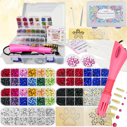 Worthofbest Hot Fix Rhinestone Applicator Tool Kit, 8600Pcs 3/4/5mm Glass Hotfix Rhinestones, Rhinestone Setter with Tips Stand Trays Glove Templates Tweezers Gem Picker for Clothes Fabric DIY Crafts