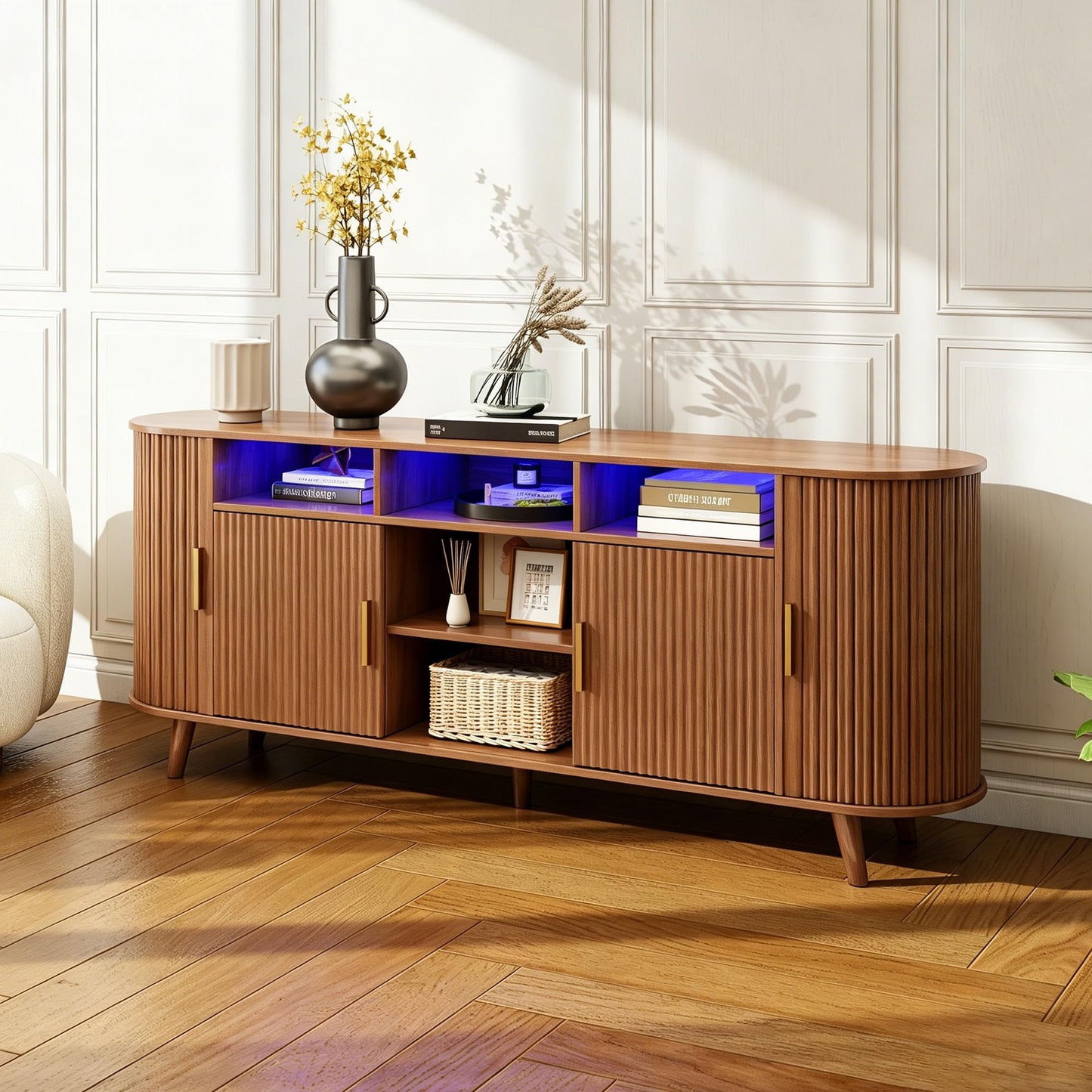 PLRSOZIM 70" Tambour TV Stand with LED Lights, Mid-Century Modern Fluted Sliding Tambour Doors, Fits up to 75" TVs, Media Console with Storage Cabinets, Entertainment Center for Living Room & Bedroom