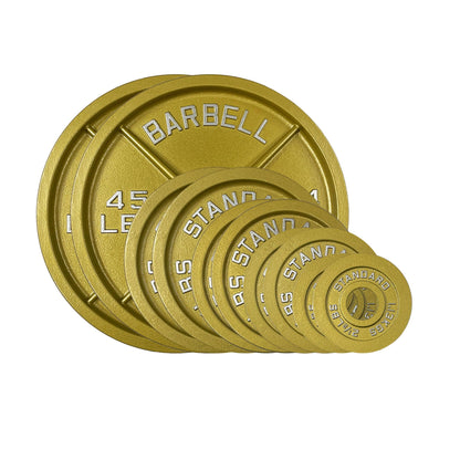 Gold Finish Olympic Steel Plates - Pairs and Sets 2 Inch Barbell Standard in Premium Gold for Weight Lifting (175lb Set)