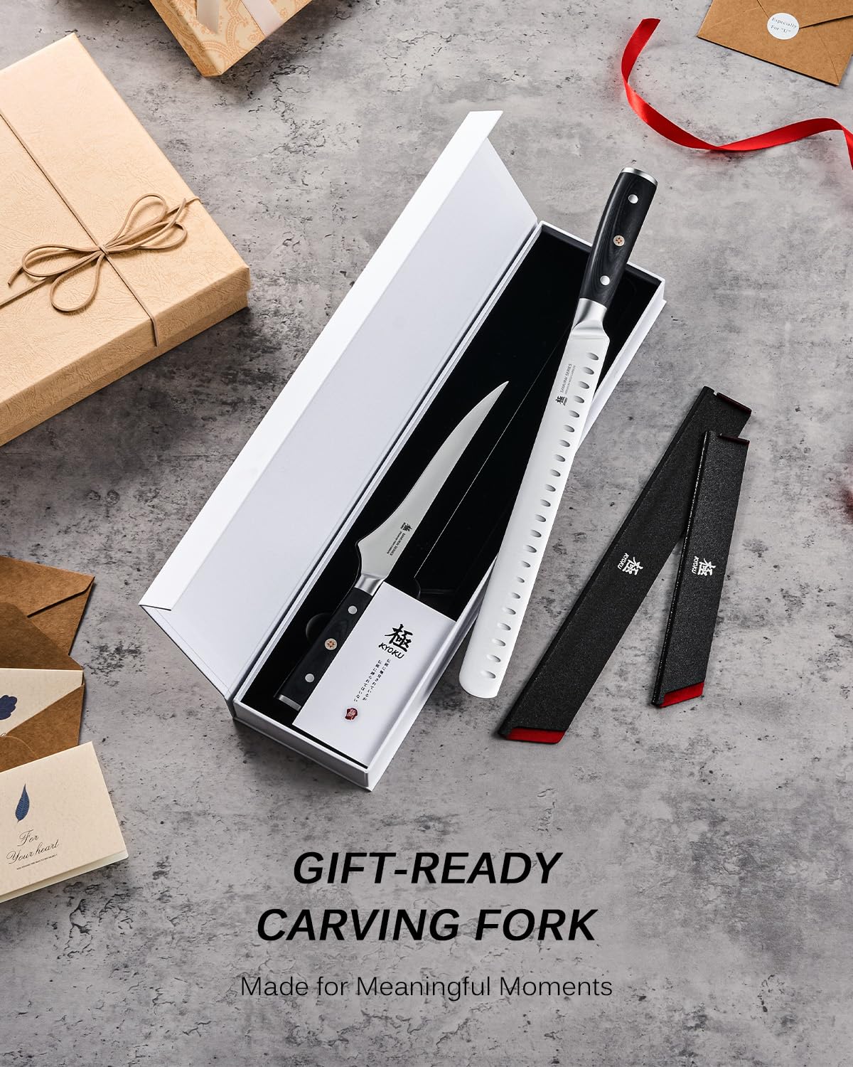 KYOKU 2pc Kitchen Knife Set, Samurai Series 6.5" Boning Knife & 12" Slicing Knife Set, High Carbon Steel Japanese Style Knives with Pakkawood Handle Sheath for Meat Fruit Vegetable Dicing Carving