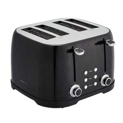 Amazon Basics 4 Slice Toaster with 4 Slots, 6 Browning Settings, Defrost, Removable Crumb Tray, Bagel Function, Cancel Button, 1600W, Black