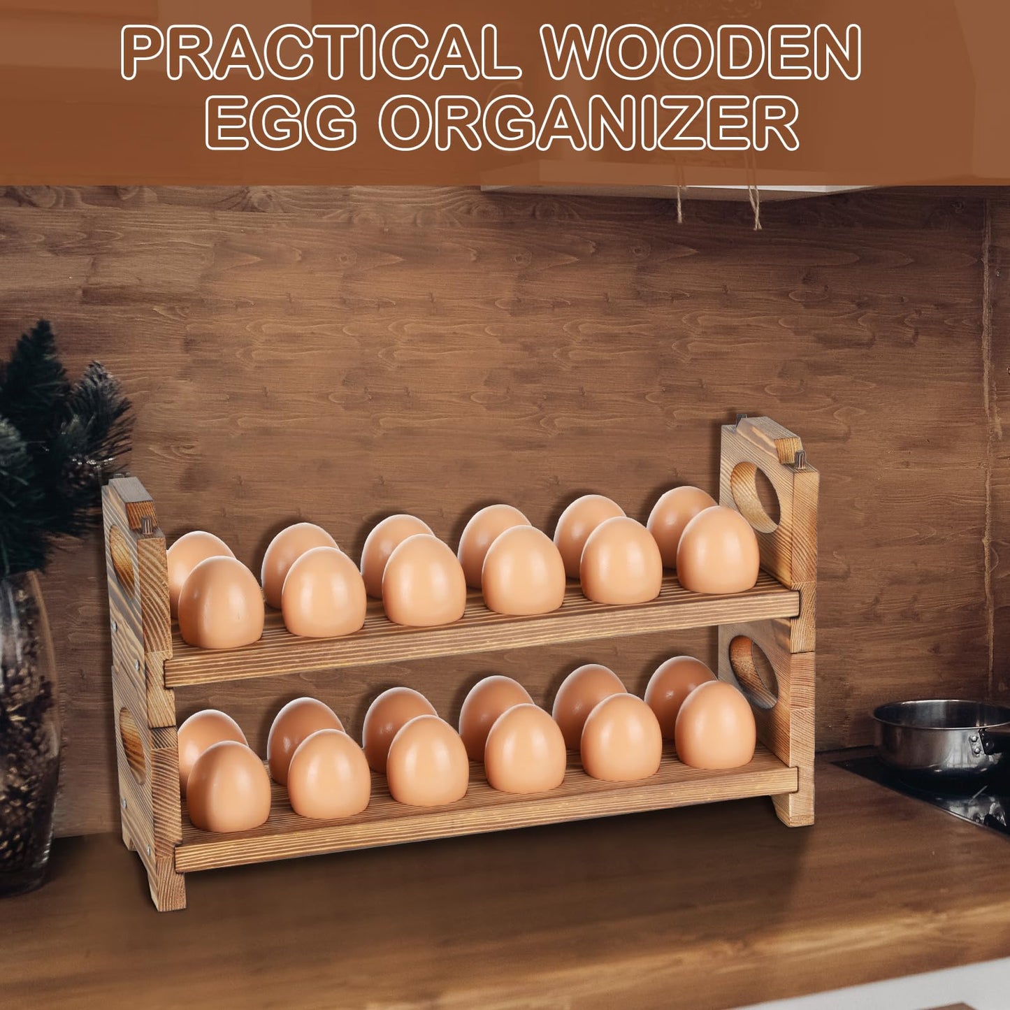 AOOHOOA Wooden Egg Holder Countertop, Stackable Wooden Egg Storage & Organizer, 2-Tier /24-Hole Farmhouse Eggs Rack Wood with Handle for Fresh Eggs to Store Chicken/Duck/Quail/Turkey/Easter Egg