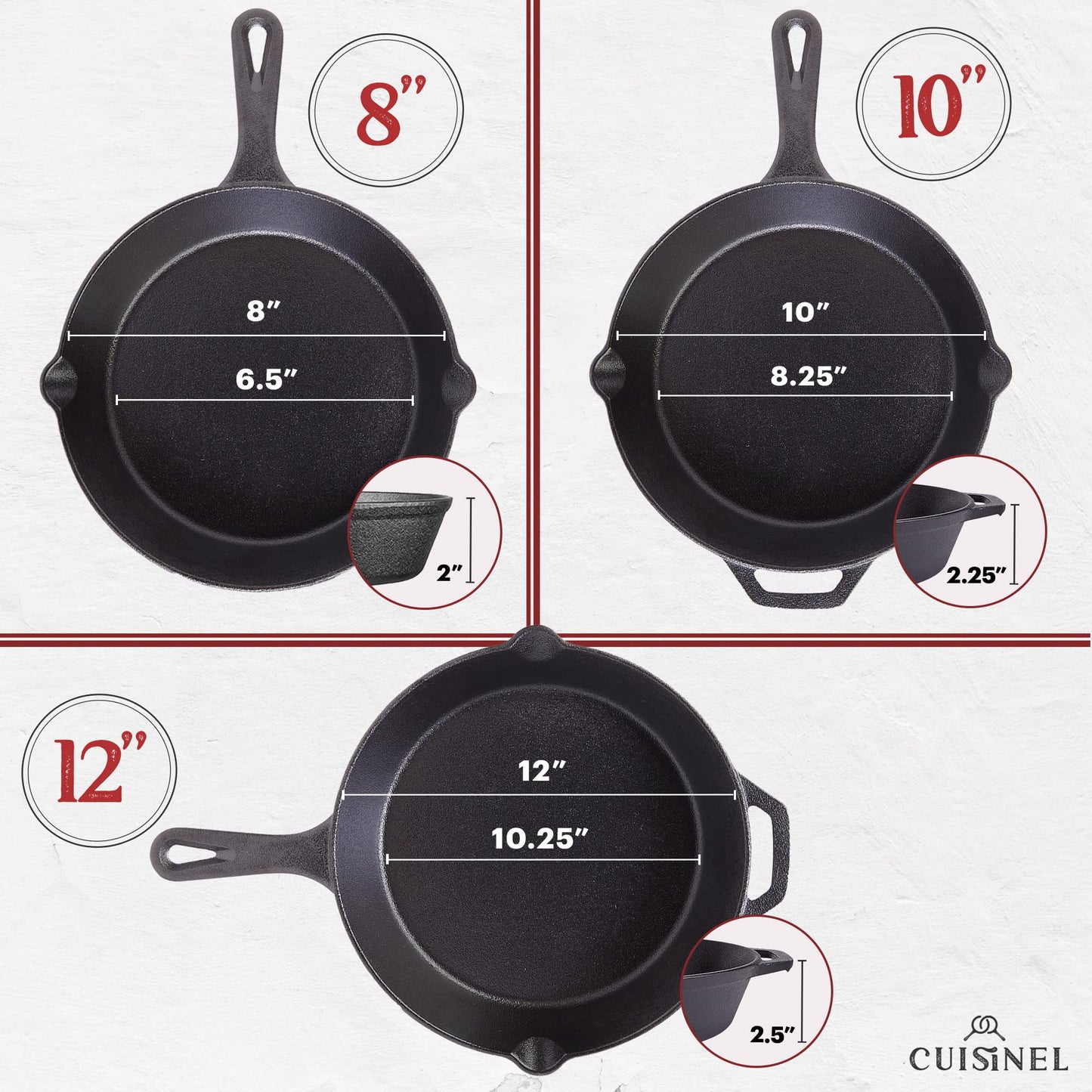 Cuisinel 12" + 10" + 8"-Inch Cast Iron Skillets Set with Braiser Lids + Silicone Handle Grips + Pan Scraper - Indoor/Outdoor Pre-Seasoned Kitchen Cookware - Oven, Fire, Stove Safe