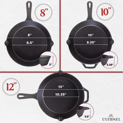Cuisinel 12" + 10" + 8"-Inch Cast Iron Skillets Set with Braiser Lids + Silicone Handle Grips + Pan Scraper - Indoor/Outdoor Pre-Seasoned Kitchen Cookware - Oven, Fire, Stove Safe