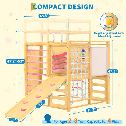 9-IN-1 Outdoor Indoor Jungle Gym, Montessori Wooden indoor playground for kids 2-8, Wooden Climbing Structure with Slide, Monkey Bars, Rope Ladder, Rock Wall, Climbing Net, Rings - Natural Wood Pink