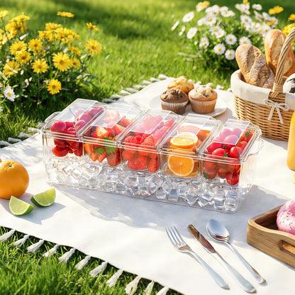 ARSTPEOE Condiment Tray, Chilled Condiment Server for Home, Party, Celebration, Bar Garnish Holder on Ice, Bar Accessories Fruit and Salad with Removable Trays and Lids (5 Spoons & 2 Tongs)