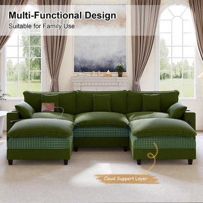 KCGKCG 116" Modular Sectional Sofa, U Shaped Cloud Couch with Movable Ottoman, Chenille Deep Seat Cloud Sofa with Charging Station, Cup Holder, Side Pocket, Sectional Couches for Living Room, Green
