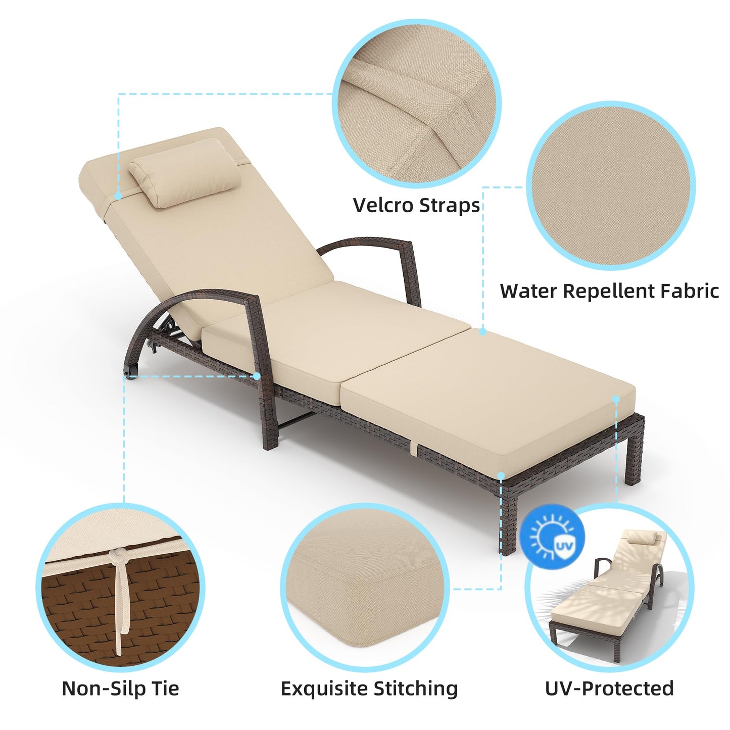 GarveeLife 2-Piece Rattan Patio Folding Chaise Lounge, 5-Position Adjustable Backrest Outdoor Lounge Chair with Cushion and Pillow for Poolside, Backyard, Deck, Porch, Beige