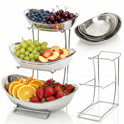 Goaste 3 Tier Ceramic Fruit Bowl, Oval Tiered Serving Bowl Set, Porcelain Fruit Basket with Metal Stand, Large Detachable Fruit Storage Holder Rack for Kitchen Counter, Vegetable, Cake, Dessert, Salad
