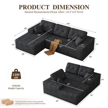 Ball & Cast 106" Boneless Sectional Sofa, Corduroy Modular L Shaped Couch with Deep Seat Chaise, Cloud Style Oversized Sofa for Living Room, No Assembly, Left Facing, Grey