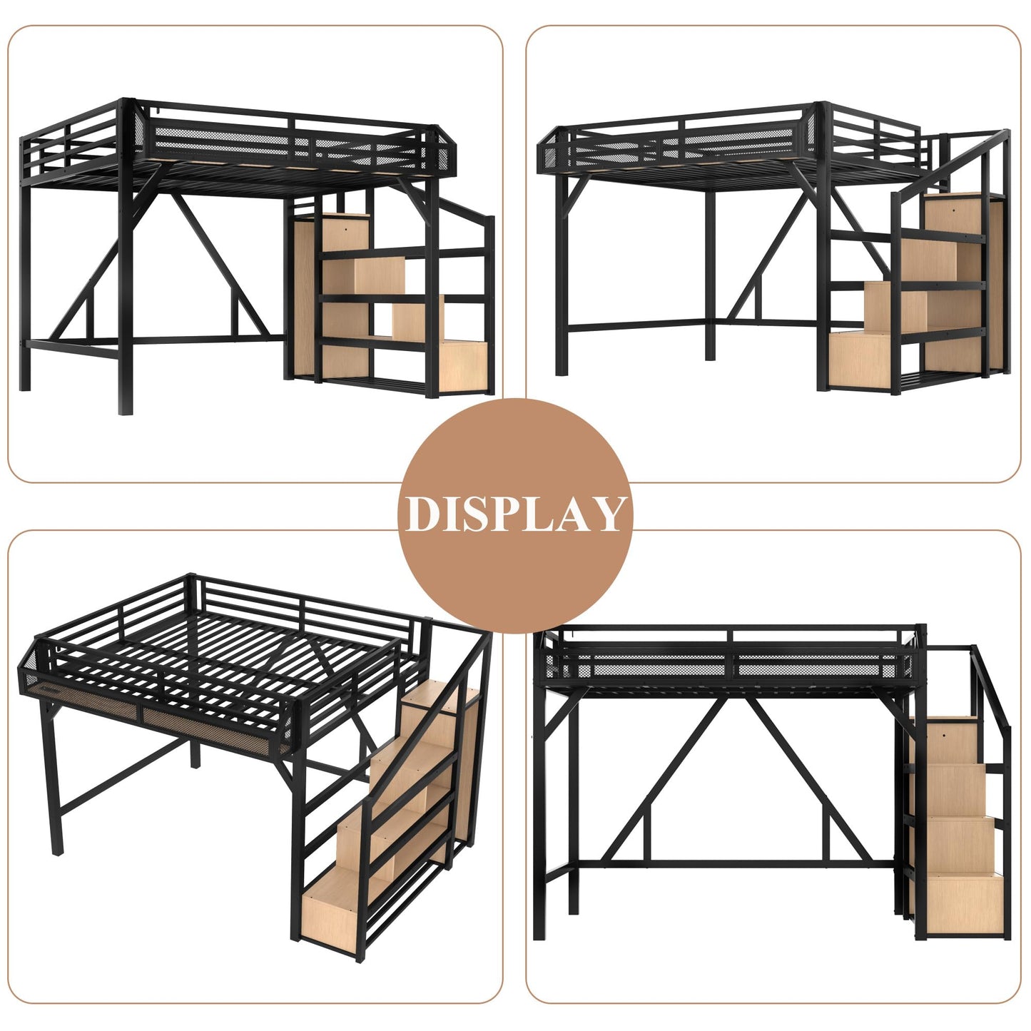 Bellemave Queen Metal Loft Bed with Storage Stairs, Shelves & Wardrobe, Queen Size Loft Bed Frame with LED Lights & USB Ports for Kids Teens, Noise-Reduced Design, Natural Wood