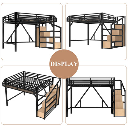 Bellemave Queen Metal Loft Bed with Storage Stairs, Shelves & Wardrobe, Queen Size Loft Bed Frame with LED Lights & USB Ports for Kids Teens, Noise-Reduced Design, Natural Wood