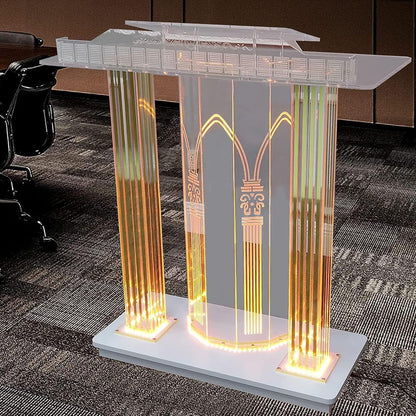CAMBOS Lectern Podium Stand, Clear Podium Stand Clear Acrylic Podium with Rollers LED Lighted Podium Stand Classroom Decoration for Company Dining Table Furniture School