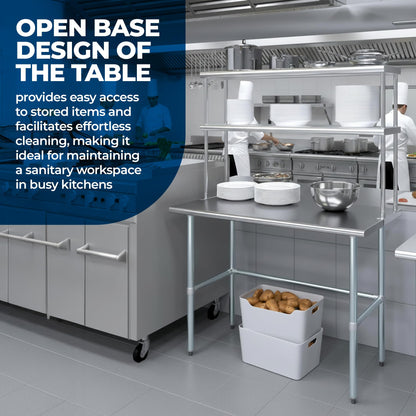 Express KitchQuip Stainless Steel Open Base Table with Wide Double Tier Overshelf | Metal Kitchen Prep & Shelving Combo (24" x 36" Open Base Table + 18" Overshelf)
