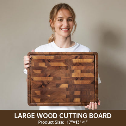 THETCHRY Walnut Wood Cutting Boards for Kitchen, End Grain Chopping Board Double Sided, Large Cutting Board with Handle, Charcuterie Butcher Block for Meal Prep & Serving with Gift Box, 17"×13"×1"