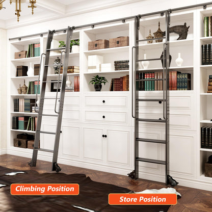 DIYHD 87" Lightweight Sliding Library Ladder with Handrail, Rolling Bookshelf Ladder with 4FT Rail System, Telescopic Top Hook, Upright Space-Saving Storage Design,7 Steps, 300 Pound Capacity, Black