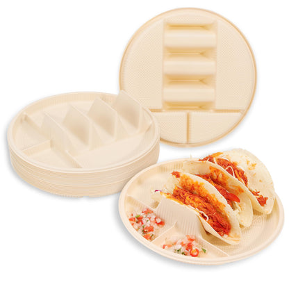 Large Disposable Taco Plates With Dipping Sides - 20 Pack, Biodegradable Cornstarch Taco Holder, Big Size Fit 6-8 Inch Soft & Hard Tortilla, Sturdy & Microwave Safe, Bar Serving Set For A Party