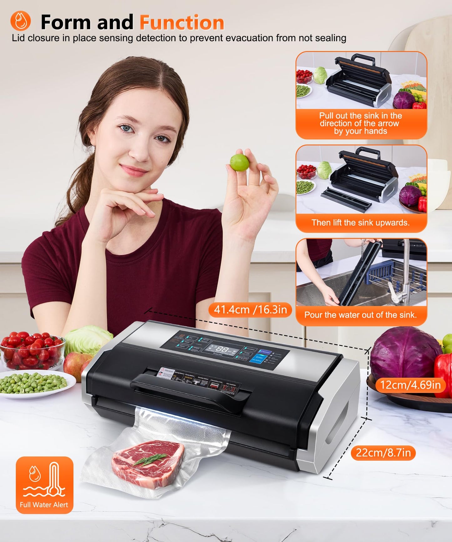 95KPa Vacuum Sealer Machine- Fully Automatic Commercial Food Sealer with 10-in-1 System, Double Heat Seal, Easy-Lock Handle & Built-in Cutter, Includes 1 Roll + 15 Bags (Black Silver)