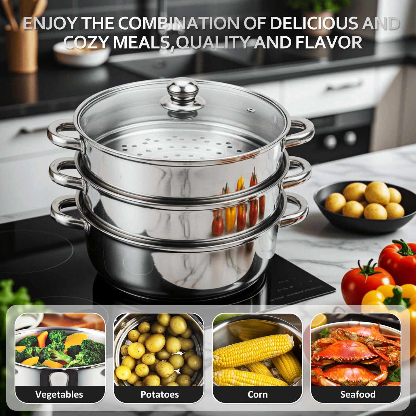 AuFranc® 5 Quart Steamer for Cooking - Stainless Steel Steam Pot with Steamer Basket, Multipurpose Cooking Stock Pot with Tempered Glass Lid, Non-Toxic Cookware for Slow Cooking and Steaming (Silver)