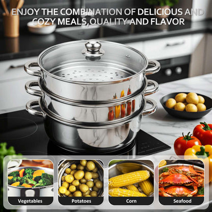 AuFranc® 5 Quart Steamer for Cooking - Stainless Steel Steam Pot with Steamer Basket, Multipurpose Cooking Stock Pot with Tempered Glass Lid, Non-Toxic Cookware for Slow Cooking and Steaming (Silver)