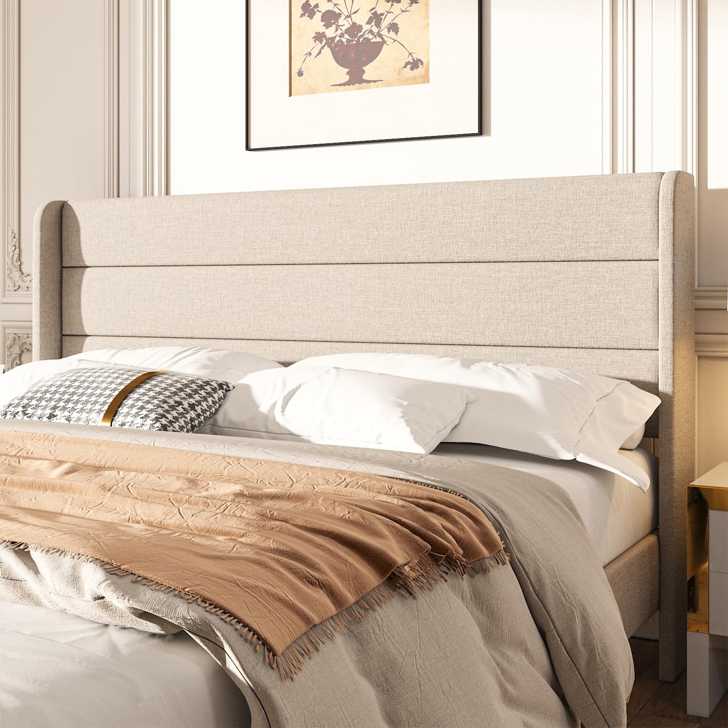 Mxhtcewz Queen Size Upholstered Platform Bed Frame, Modern Linen Fabric Bed with Wingback Headboard, Sturdy No Wobble, Noise-Free & Easy Assembly, No Box Spring Needed, Beige