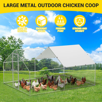 Large Metal Chicken Coop Run,Outdoor Walk-in Cage Peak Hen House with Waterproof and Anti-Uv Cover,Spire Roof Hen House with Security Lock for Outdoor and Backyard,Farm 9.8 x 13.1 x 6.6 ft