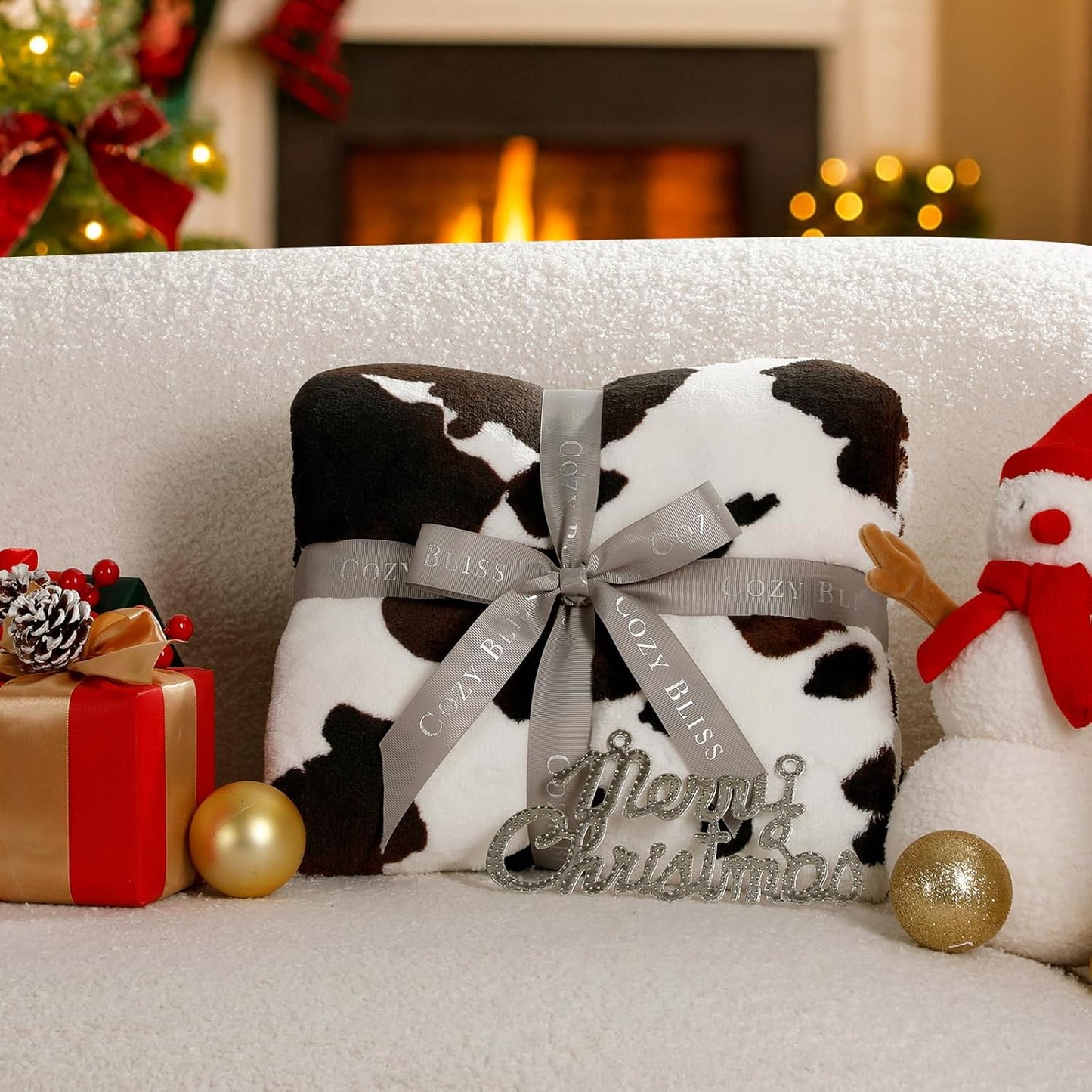 Cozy 60"*80" Bliss Cow Print Throw Blanket for Bed - Fuzzy Thick Soft Warm Fleece Blankets for Couch & Bed, for Women