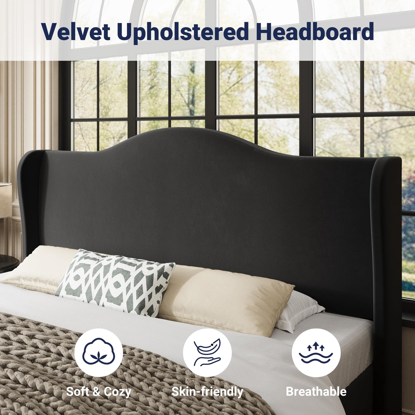 Allewie King Size Bed Frame, Upholstered Wingback Platform with 47" Tall Tufted Headboard, Plush Velvet Fabric, Modern Minimalist Design, No Box Spring Required, Tool-Free Assembly, Black