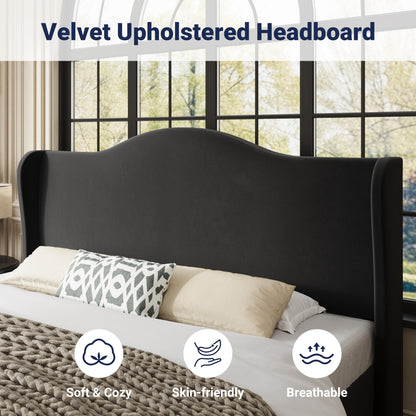 Allewie King Size Bed Frame, Upholstered Wingback Platform with 47" Tall Tufted Headboard, Plush Velvet Fabric, Modern Minimalist Design, No Box Spring Required, Tool-Free Assembly, Black