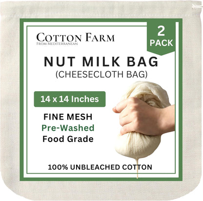 14 14 Inch, 100% Cotton Farm Nut Milk Bag & Cheese Cloth Bag (Ultra Dense), XL Unbleached Cotton Cheesecloth