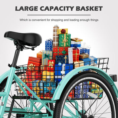 H&ZT Adult Tricycle, 3 Wheeled Bike, Trike Cruiser Bike, with 7-Speed Gear, Parking Brake Handle, Low Step, Large Rear Basket, Elderly Friendly, for Men, Women, and Teens
