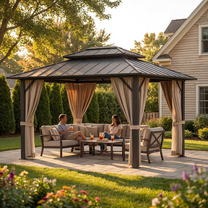 Devoko 10' x 12' Metal Hardtop Gazebo,Aluminum Outdoor Deck Gazebo with Mosquito Netting&Curtains, Permanent Pavilion with Double Roof for Backyard, Garden(Windproof, Snow-Load Bearing, Rustproof)