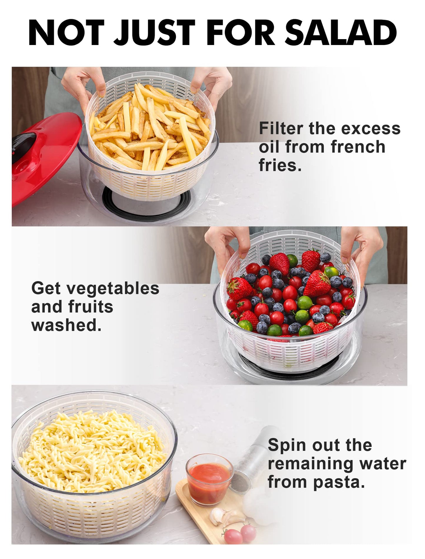 Salad Spinner Large 5L Capacity, Easy to Clean Lettuce Spinner with Bowl, Vegetable Washer Dryer Dishwasher Safe Ideal for Vegetables and Fruits without BPA, Large 4.5 Quart