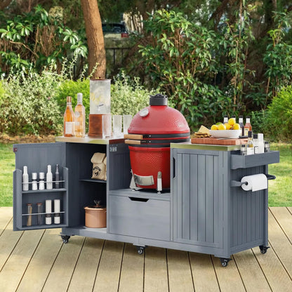 Merax Outdoor Grill Table for Big Green Egg Grills, 66.5" Patio Kitchen Island on Wheels with Stainless Steel Tabletop,Drawer and Spice Rack, Solid Wood Outdoor Storage Cabinet for Backyard, Grey Blue