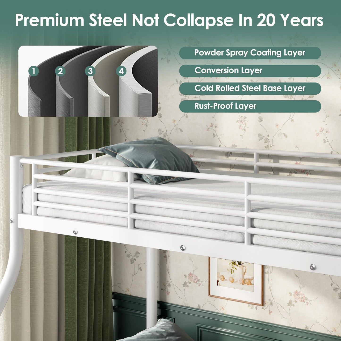 Cyranture Bunk Beds Twin XL Over Queen, Heavy Duty Bunk Beds with Bottom Space & Guardrail Metal Bunk Bed Frame for Adults Teens Dorm Bedroom Guest Room, No Box Spring Needed（White）