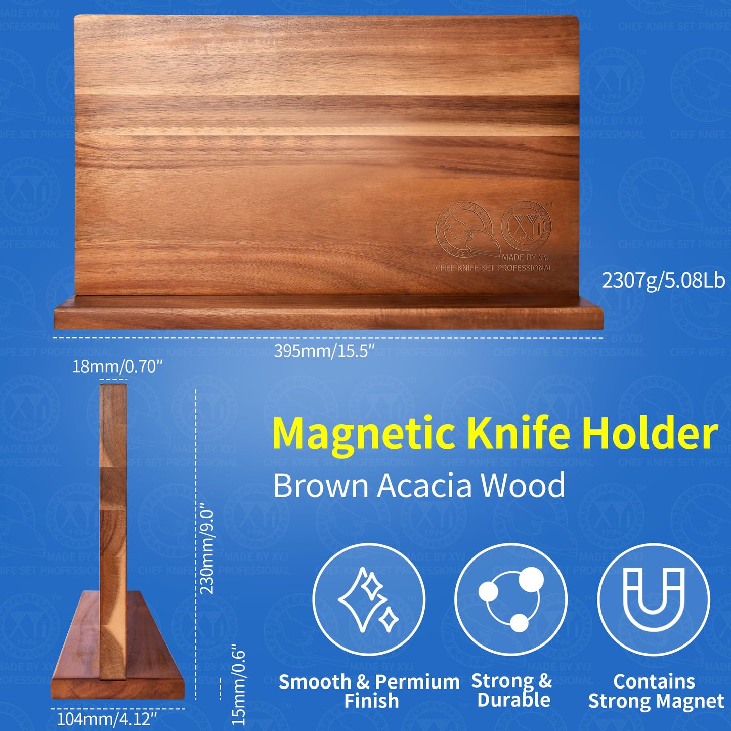 XYJ Authentic Since 1986, Magnetic Knife Block, Double Side Kitchen Knife Stand, Acacia Wood, Magnetic Knife Holder with Strong Enhanced Magnets,Knives Storage Rack Stand for Home Kitchen