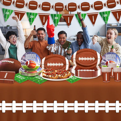 99PCS Football Party Tableware Supplies,Set of 24 Football Plates Napkins Cups,11.8in Football Shaped Disposable Paper Plates,Banner and Touchdown Tablecloth for Birthday Gameday Tailgate Decoration