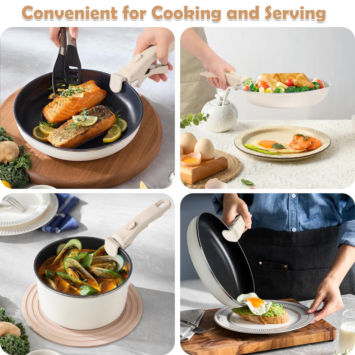 Wayona Removable Handle for Pots and Pans - Universal Detachable Pan Handle Replacement - Heat-Resistant Plastic, Stainless Steel, Silicone - Cream White