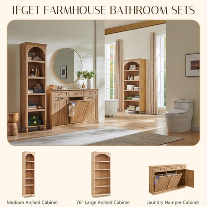 IFGET Triple Tilt Out Trash Can Cabinet, 20 Gallon Farmhouse Laundry Hamper Cabinet w/3 Drawers & Adjustable Shelf, Hidden Wooden Trash Can Cabinets with Storage Basket for Kitchen (Natural)