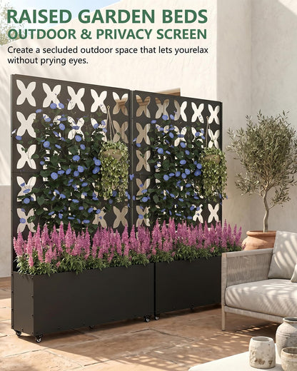 FOLAWO 2PCS Metal Planter Box with Trellis,70.9"x47.2"x15.7" Raised Garden Bed with Drainage Holes, Privacy Planters for Outdoor Garden Bed for Climbing Plants,Vegetables,and Vines, Black-X