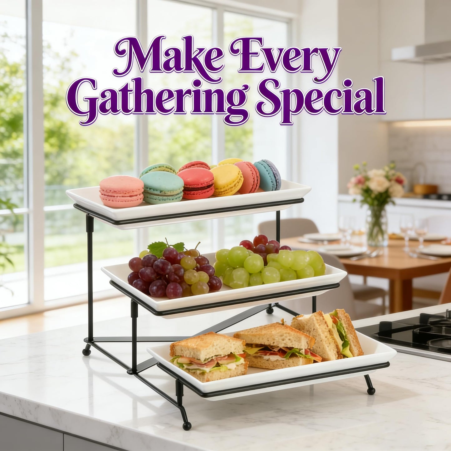 Farielyn-X 3 Tier Serving Tray, 12" White Plastic Tiered Food Serving Platters, Reusable Tray Stand Black Collapsible Metal Stand with Stable Cross Bars, Party Display Stands for Veggie Fruit, Dessert