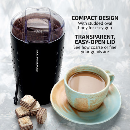 OVENTE Electric Coffee Grinder, Coffee Mill and Spice Grinder with 2.5oz Capacity, 150W Motor, One Touch Push-Button & Stainless Steel Blades for Uniform Grinding of Beans, Herb or Nuts, Black CG225B