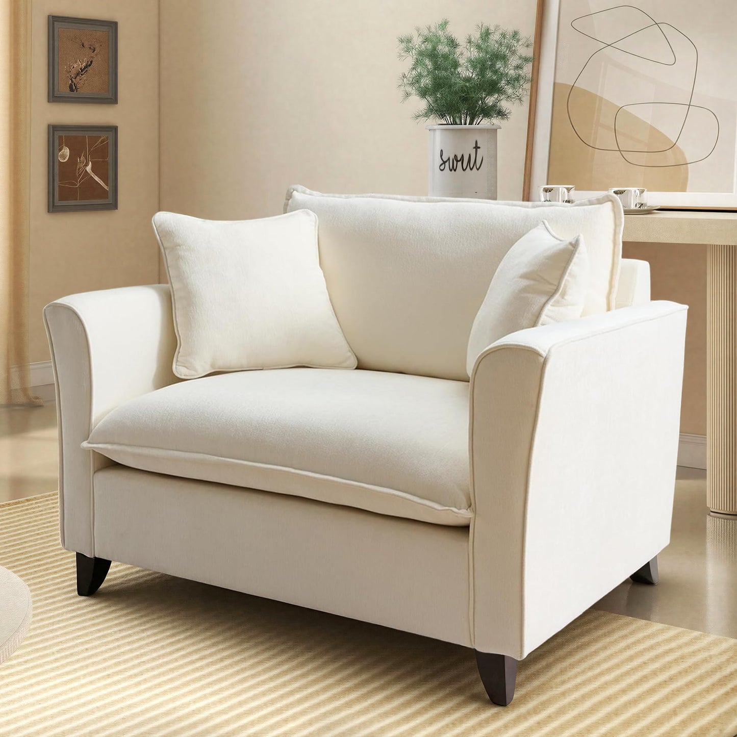 ERYE 46.9" Chenille Upholstered Accent Chair Wide Seat for Living Room Bedroom, Modern Leisure Cushion Armchair W/ 2 Pillows and Removable Cover for Home Apartment Office