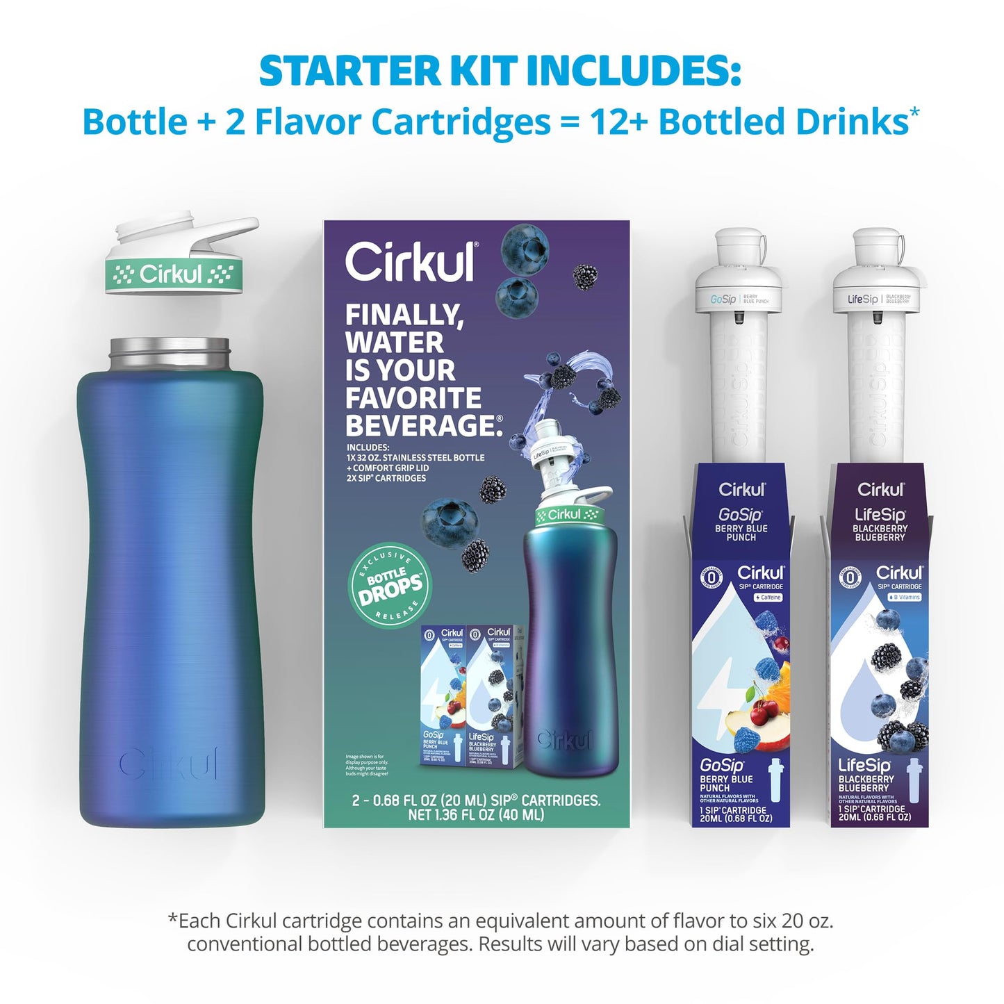 Cirkul 32oz. Chameleon Stainless Steel Water Bottle Starter Kit with Green Lid, 2 Flavor Cartridges (1 LifeSip Blackberry Blueberry, 1 GoSip Berry Blue Punch) No Sugar, Zero Calorie Drink Mix